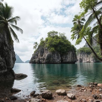 The image features a beautiful tropical island with a lush green hillside and a large body of water. The primary subject is the island, which is surrounded by a serene blue lagoon. The setting includes a rocky shoreline, adding to the natural beauty of the scene. The visual style is a photo, capturing the vibrant colors and the stunning landscape. The colors and mood of the image are lively and inviting, making it an ideal representation of a tropical paradise.